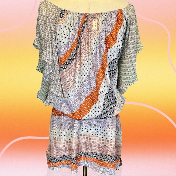 Gypsy 05 Gray & Orange Multi Bandana Print Striped Boho Silk Mini Dress Size M - Picture 8 of 12